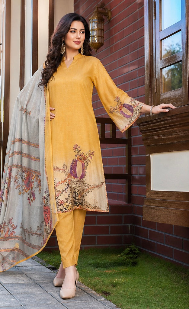 Mustard Muslin Straight Kurta Pant Set with Soft Printed Dupatta